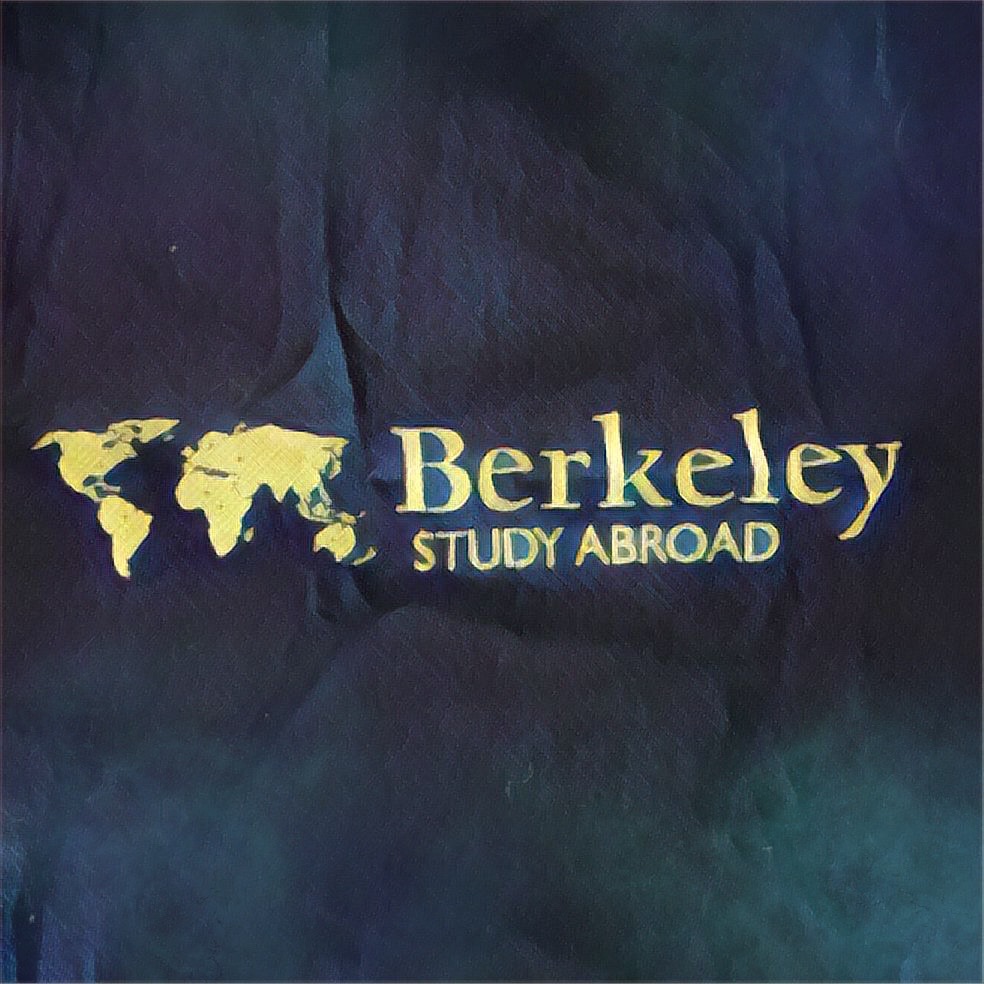 Digital art of Berkeley Study Abroad logo on blue fabric