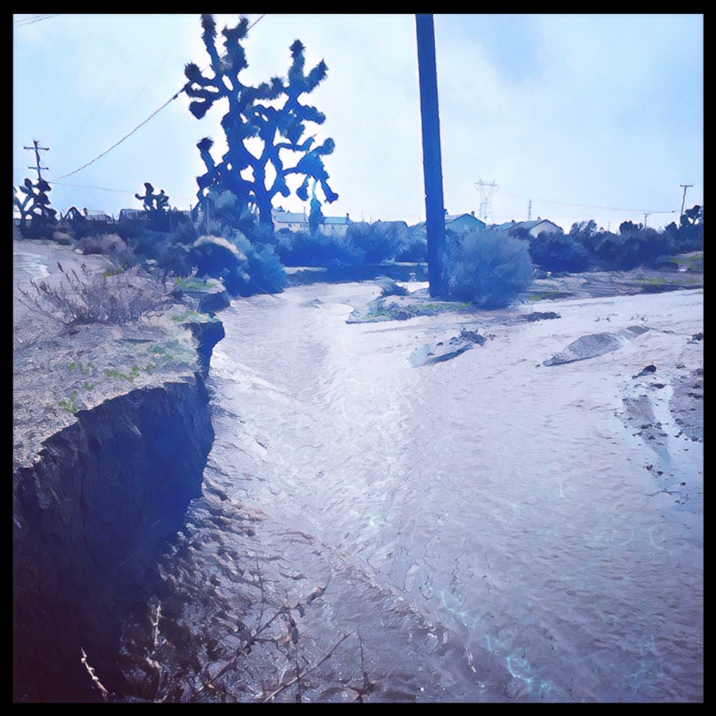 digital art of flooded wash in the suburban Mojave Desert