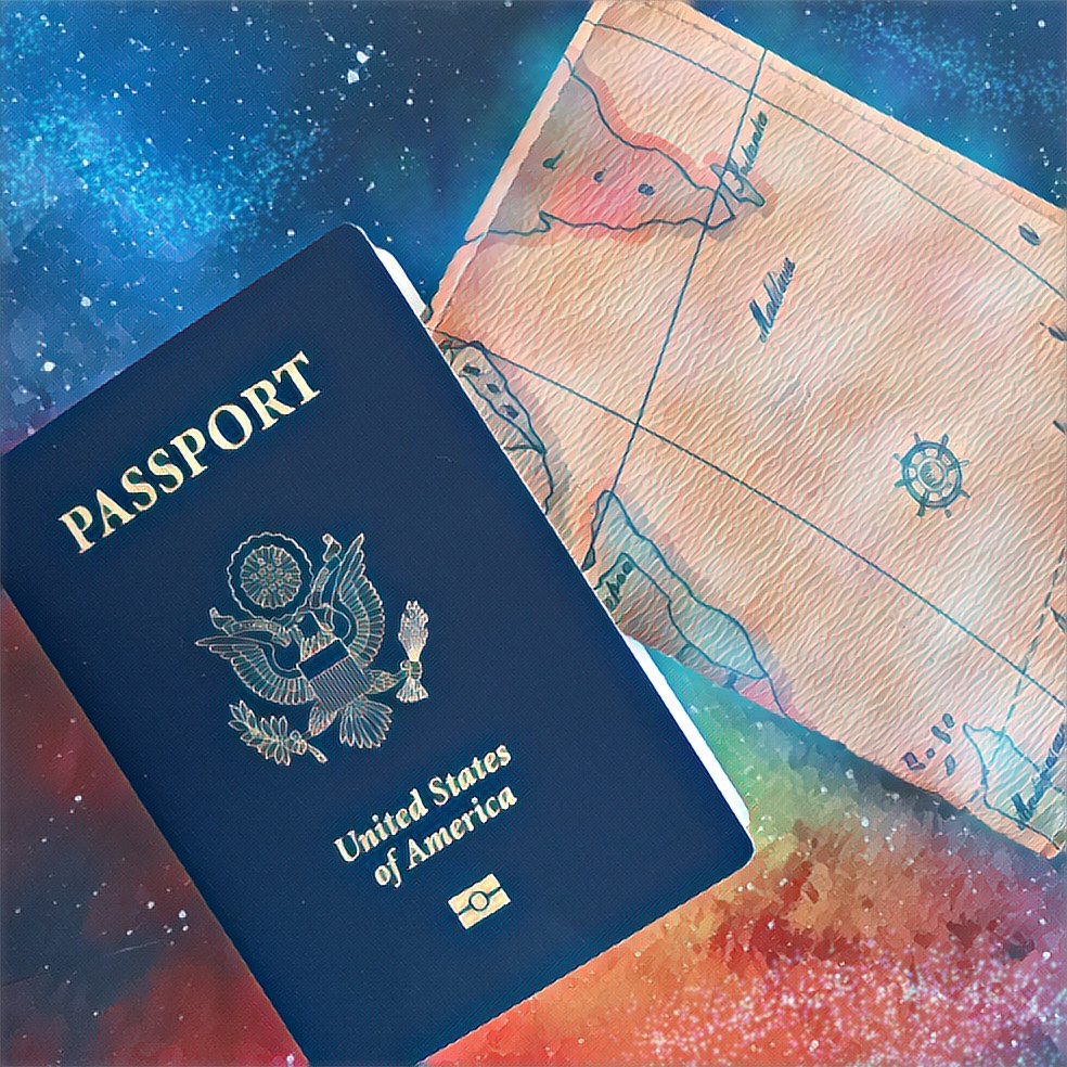 digital art of a passport and wallet floating over a colorful outer space image