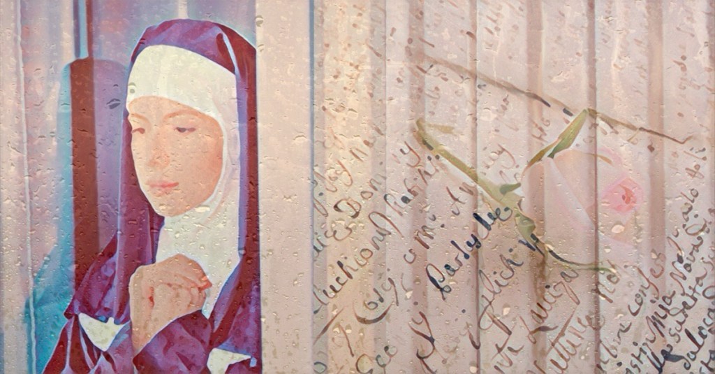 A nun with hands clasped gazes pensively out a window. Love letters in French and and a single pink rose are superimposed onto the background and rain drops on glass can be seen faintly across the image.