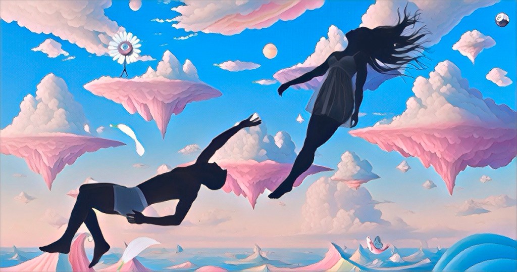 Silhouettes of a man and a woman floating in the foreground of a surrealist scene. A one eyed daisy walks across a cloud island some of it's petals falling down, others floating away as clouds.