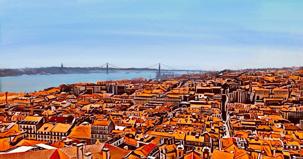 View from above the red tile roofs of Lisbon with the sky and Tagus river in blue, the 25 do Abril bridge spans the horizon