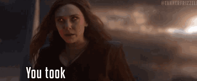 GIF of Scarlet Witch angrily saying (captioned) "You took everything from me!"