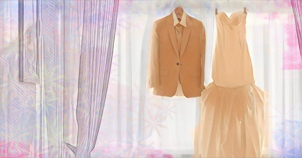 digital art of a wedding dress and suit hanging together in front of a window.