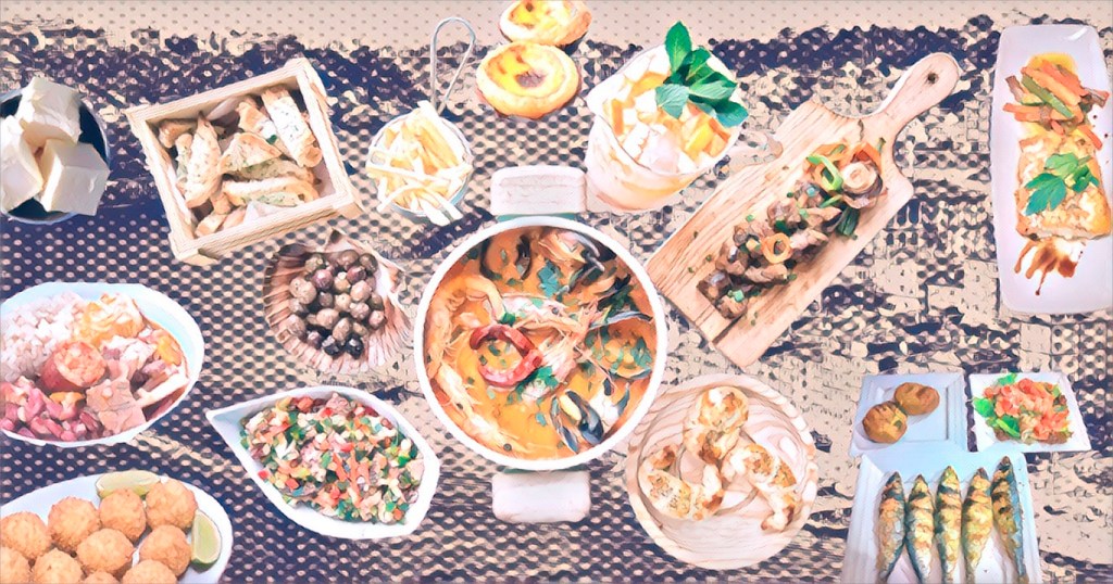 Different Portuguese foods are displayed in a cut and paste collage style over a newsprint backdrop.