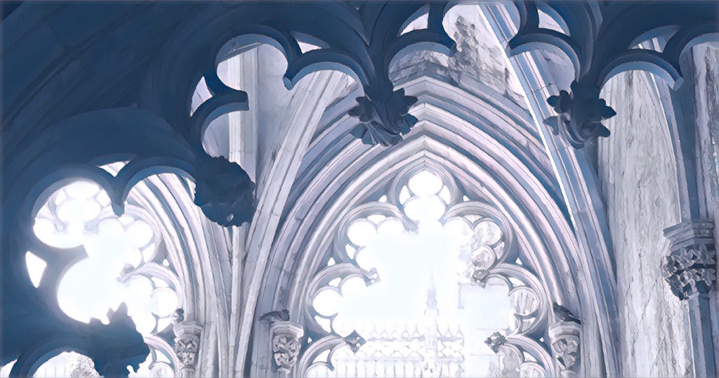 Gothic Arches seen through gothic arches, in black and white digital art focused on the repeating patterns.